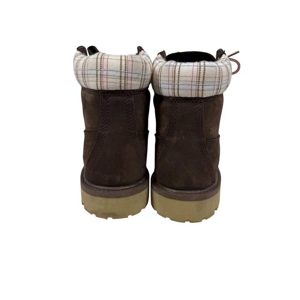 Timberland Boys Boots, Printed Pink Plaid Collar, Chocolate Brown, Size 6